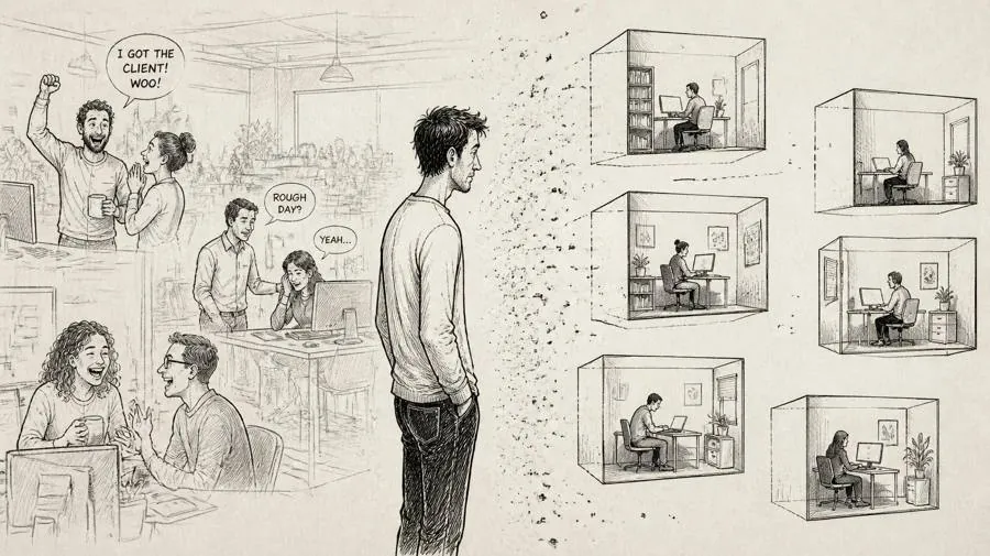Ink drawing of a guy standing between a lively office and a row of isolated home-office boxes