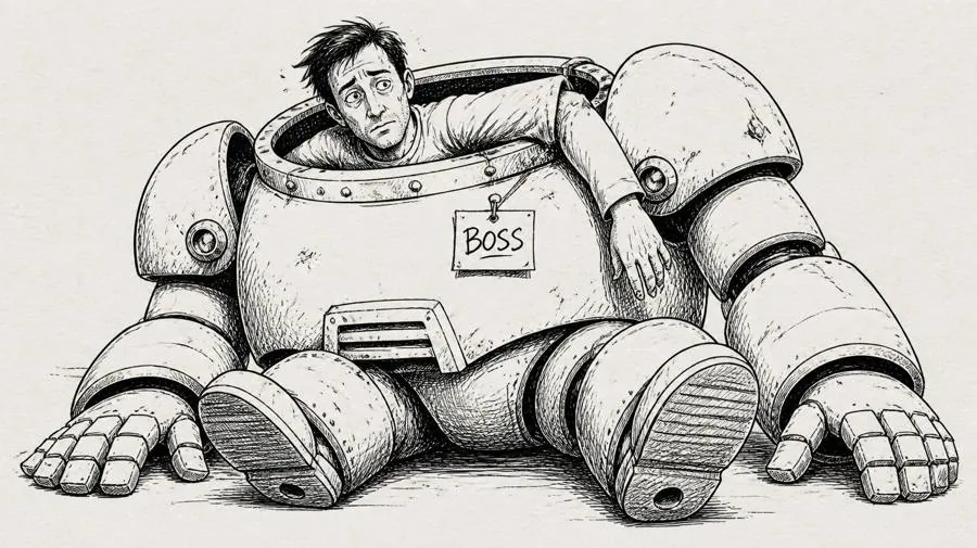 Ink drawing of a regular guy stuck inside a giant robot suit labeled BOSS