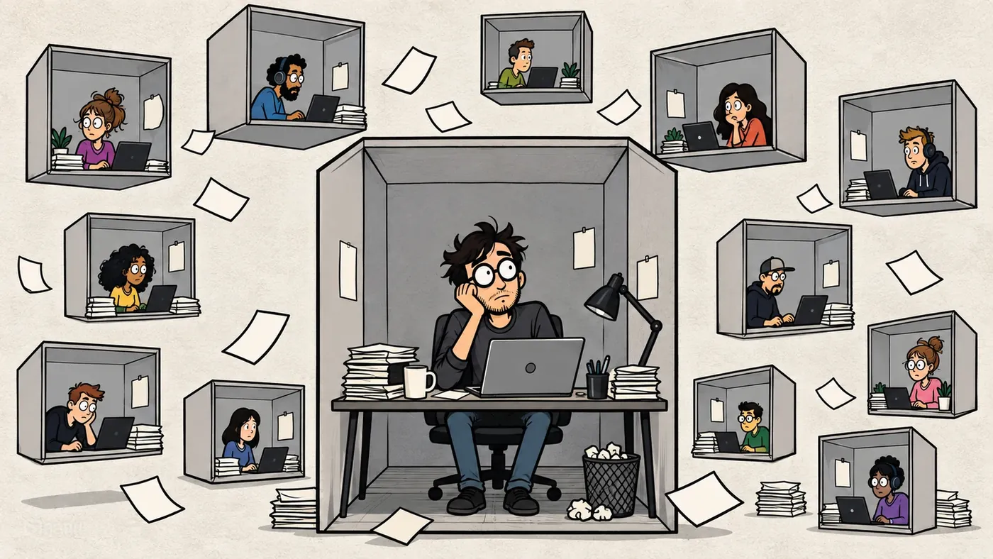 Ink drawing of a stressed manager at his desk, surrounded by floating home-office boxes full of teammates