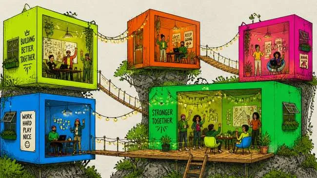Colorful drawing of stacked rooms connected by ladders and bridges, full of people working together