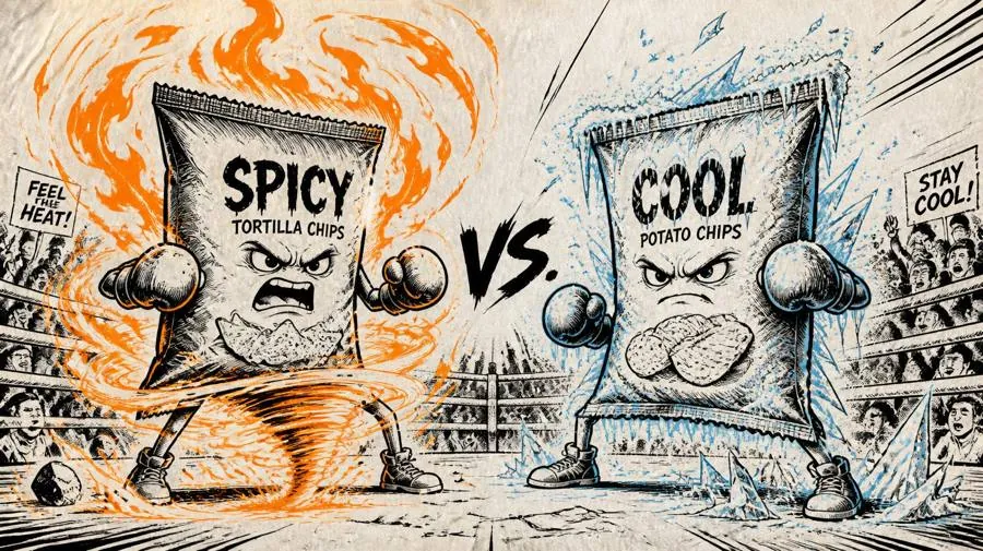 Drawing of a flaming bag of spicy chips squaring off against a calm bag of cool chips