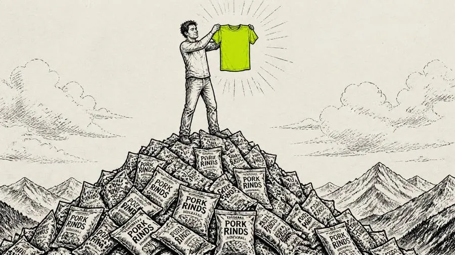 Ink drawing of a guy standing on a mountain of snack bags, holding up a green team shirt