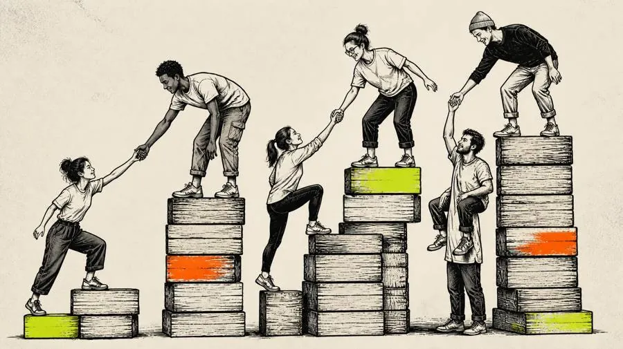 Ink drawing of coworkers helping each other climb up stacks of blocks