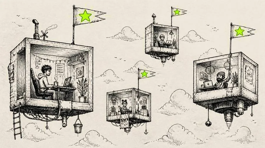 Ink drawing of floating office pods, each flying the same green star flag