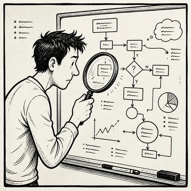Ink drawing of a guy inspecting a flowchart with a magnifying glass