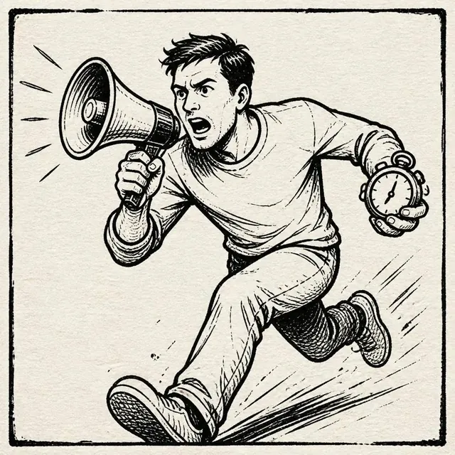 Ink drawing of a guy sprinting with a megaphone and a stopwatch