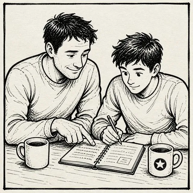 Ink drawing of two coworkers working through a notebook together over coffee