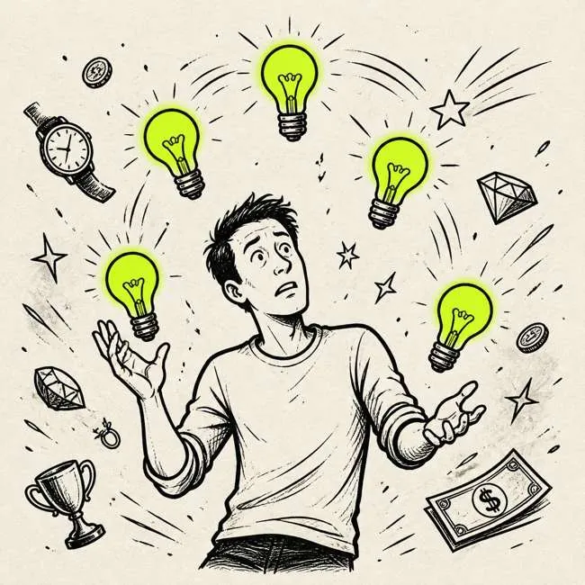 Ink drawing of a guy juggling glowing green light bulbs