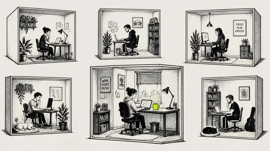 Ink drawing of a grid of home-office boxes, each with someone working