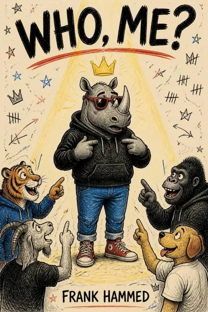 Who, Me? book cover: a rhino in a hoodie and sunglasses while the other animals point at him